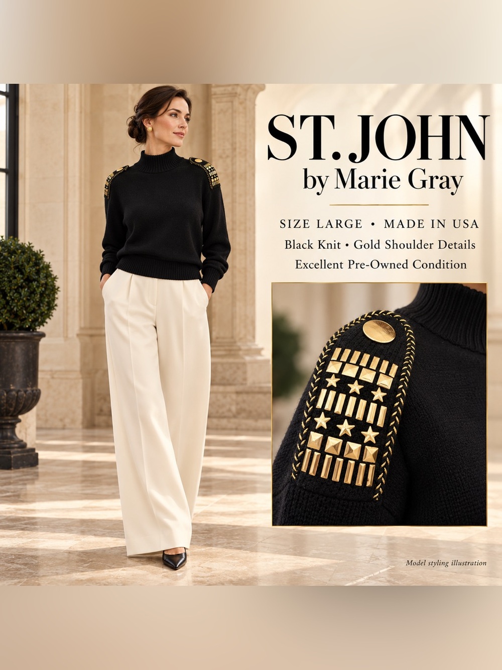 St. John By Marie Gray Black Gold Studded Shoulder Mock Neck Sweater Large